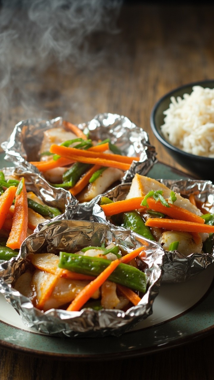 Four small foil packets each opened to reveal a fillet of flaky white fish layered with sliced carrots, snow peas, and a glossy ginger-soy sauce. The packet is garnished with sliced scallions, and a bowl of steamed rice is set beside the parcels. Four small foil packets each opened to reveal a fillet of flaky white fish layered with sliced carrots, snow peas, and a glossy ginger-soy sauce. The packet is garnished with sliced scallions, and a bowl of steamed rice is set beside the parcels.