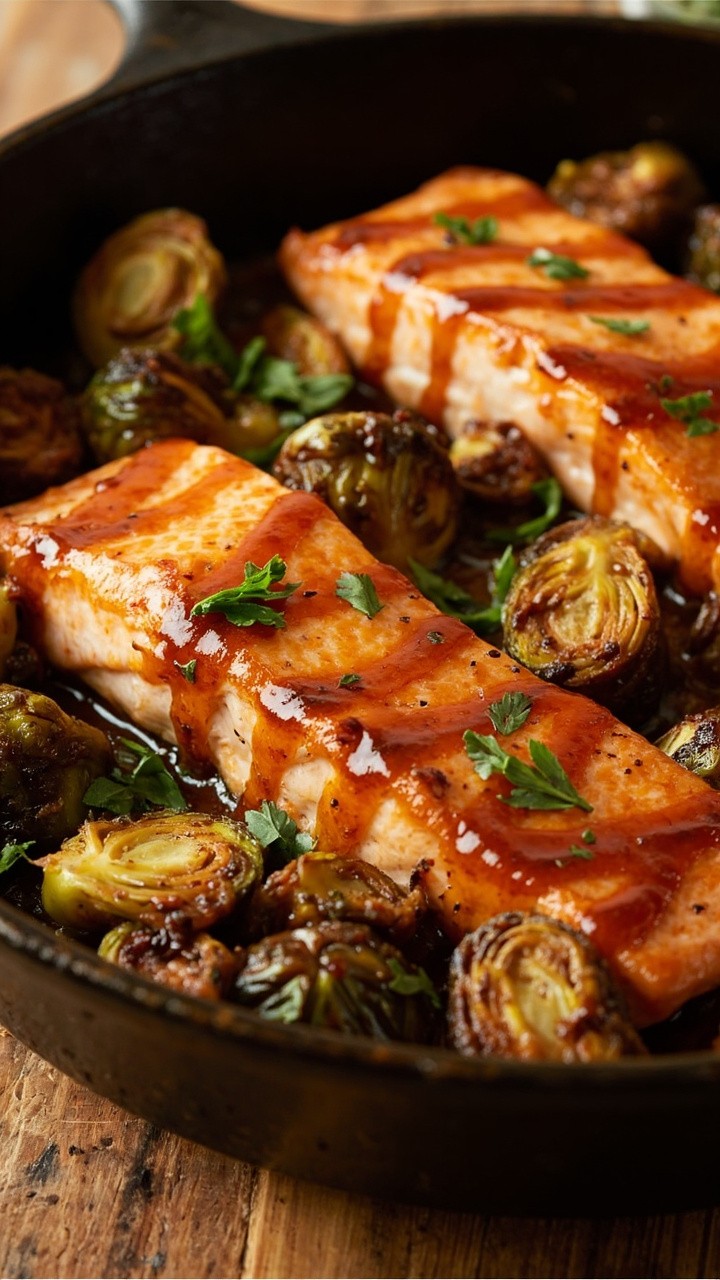 Salmon fillets glazed in a rich amber sauce, nestled among halved, golden-crisp Brussels sprouts. Everything glistens with a sticky sheen, garnished with chopped parsley in a rustic cast iron skillet on a wooden board. Salmon fillets glazed in a rich amber sauce, nestled among halved, golden-crisp Brussels sprouts. Everything glistens with a sticky sheen, garnished with chopped parsley in a rustic cast iron skillet on a wooden board.
