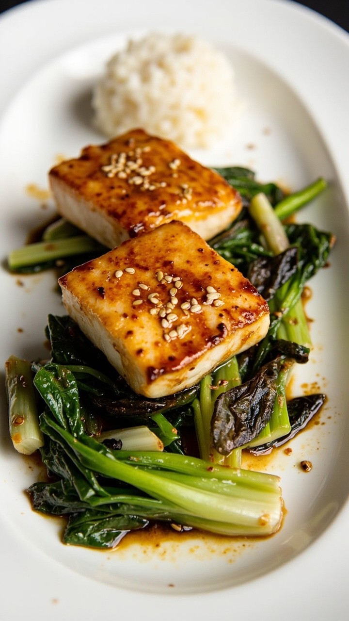 Two thick cod fillets on a white oval plate, covered in a glossy caramel brown miso glaze. The plate is decorated with a tangle of steamed bok choy, a few charred green onions, and a sprinkle of sesame seeds. Simple white rice sits off to the side. Two thick cod fillets on a white oval plate, covered in a glossy caramel brown miso glaze. The plate is decorated with a tangle of steamed bok choy, a few charred green onions, and a sprinkle of sesame seeds. Simple white rice sits off to the side.