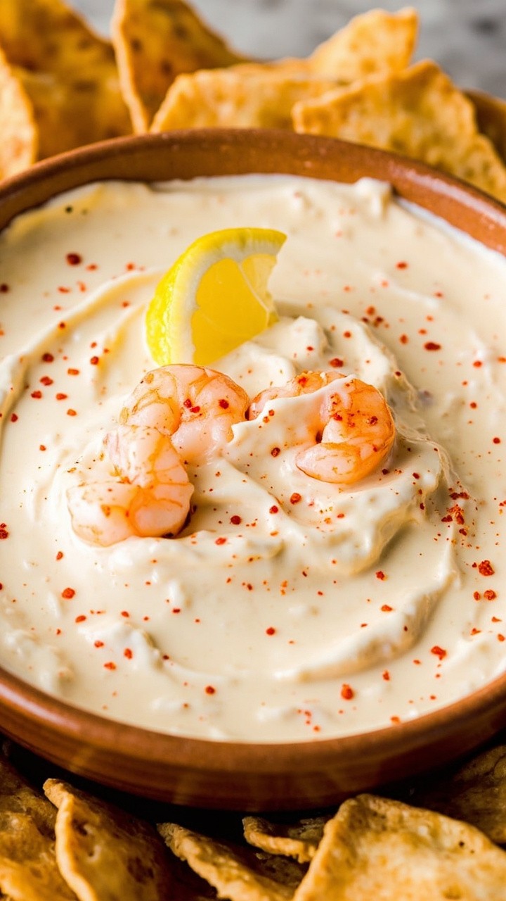 A wide, shallow bowl with creamy off-white dip swirled in the center, sprinkled with Old Bay seasoning, bits of pink shrimp, and a lemon wedge garnish, served with crunchy pita chips.