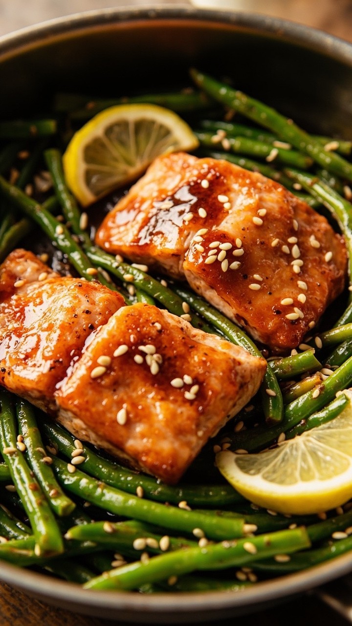 Salmon fillets with a shiny honey garlic glaze, surrounded by crisp-tender green beans. Served in a nonstick skillet, with a scattering of sesame seeds and thin lemon slices for color. Salmon fillets with a shiny honey garlic glaze, surrounded by crisp-tender green beans. Served in a nonstick skillet, with a scattering of sesame seeds and thin lemon slices for color.