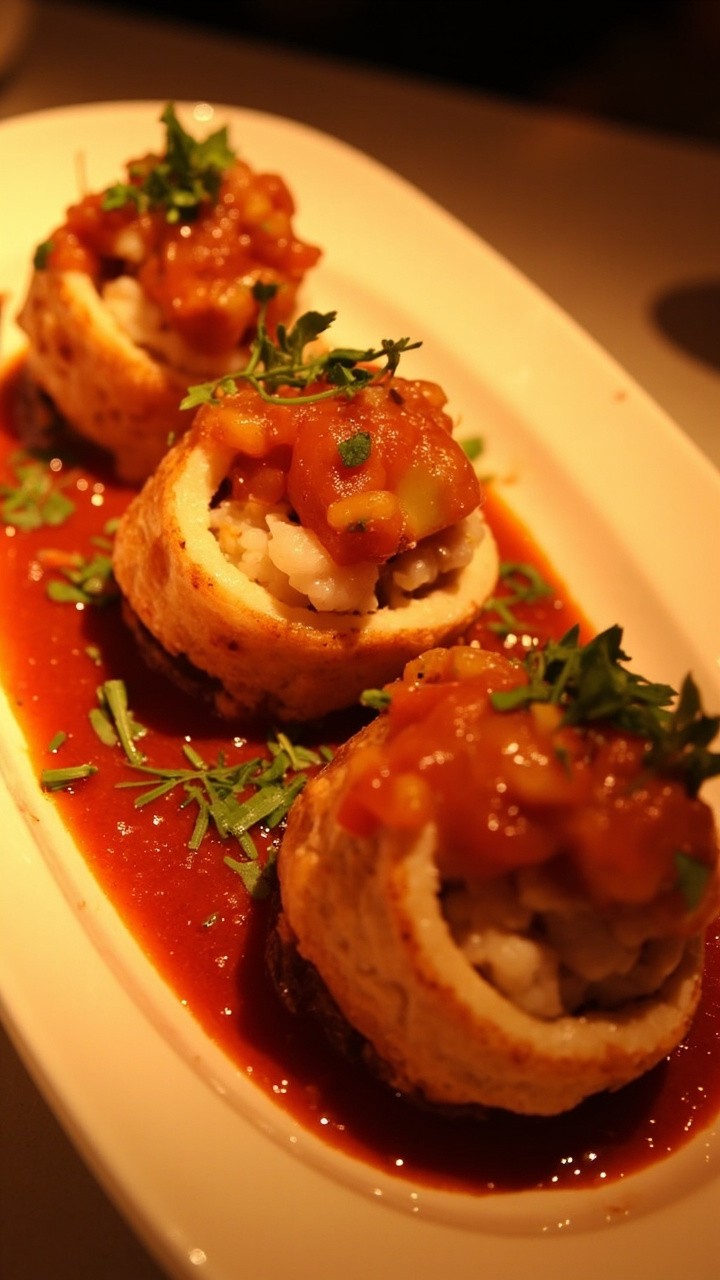Four plump, browned calamari tubes nestled in a shallow platter, sliced open to reveal a herbed rice filling, topped with a rustic tomato sauce and chopped parsley. Four plump, browned calamari tubes nestled in a shallow platter, sliced open to reveal a herbed rice filling, topped with a rustic tomato sauce and chopped parsley.