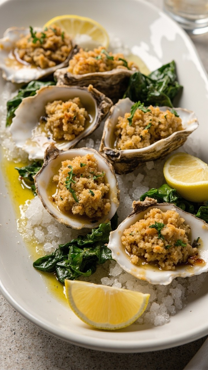 Six half-shell oysters nestled on a bed of coarse sea salt on a white oval platter, each topped with golden-brown herbed crumb, glistening with butter and wilted spinach. Six half-shell oysters nestled on a bed of coarse sea salt on a white oval platter, each topped with golden-brown herbed crumb, glistening with butter and wilted spinach.