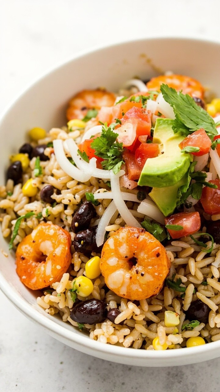A big white bowl with a bed of fluffy cilantro rice, chipotle garlic shrimp, sweet corn, black beans, and pico de gallo, avocado slices on top. A big white bowl with a bed of fluffy cilantro rice, chipotle garlic shrimp, sweet corn, black beans, and pico de gallo, avocado slices on top.