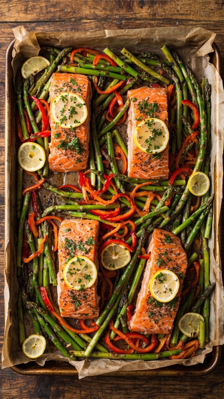 A large sheet pan lined with parchment, featuring four bright salmon fillets nestled among vibrant asparagus, sliced red bell pepper, and thin lemon rounds. The salmon glistens with a light herb butter and is sprinkled with chopped fresh parsley. The scene includes a wedge of lemon on each fillet and a sprinkle of cracked black pepper, all on a rustic wooden table. A large sheet pan lined with parchment, featuring four bright salmon fillets nestled among vibrant asparagus, sliced red bell pepper, and thin lemon rounds. The salmon glistens with a light herb butter and is sprinkled with chopped fresh parsley. The scene includes a wedge of lemon on each fillet and a sprinkle of cracked black pepper, all on a rustic wooden table.