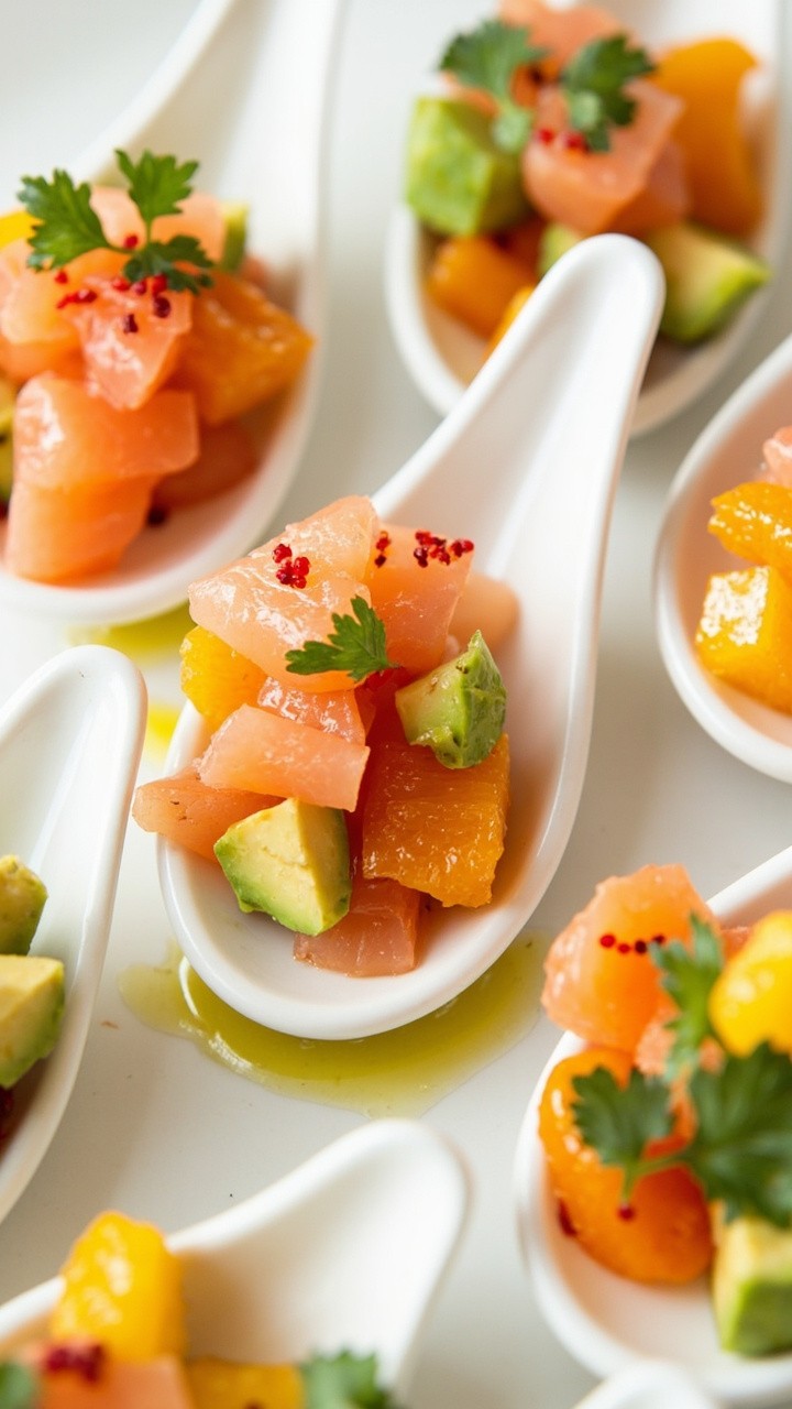 Porcelain appetizer spoons each holding a bite of diced salmon, bright green avocado, orange segments, flecks of red pepper, and cilantro, all glistening lightly with olive oil. Porcelain appetizer spoons each holding a bite of diced salmon, bright green avocado, orange segments, flecks of red pepper, and cilantro, all glistening lightly with olive oil.