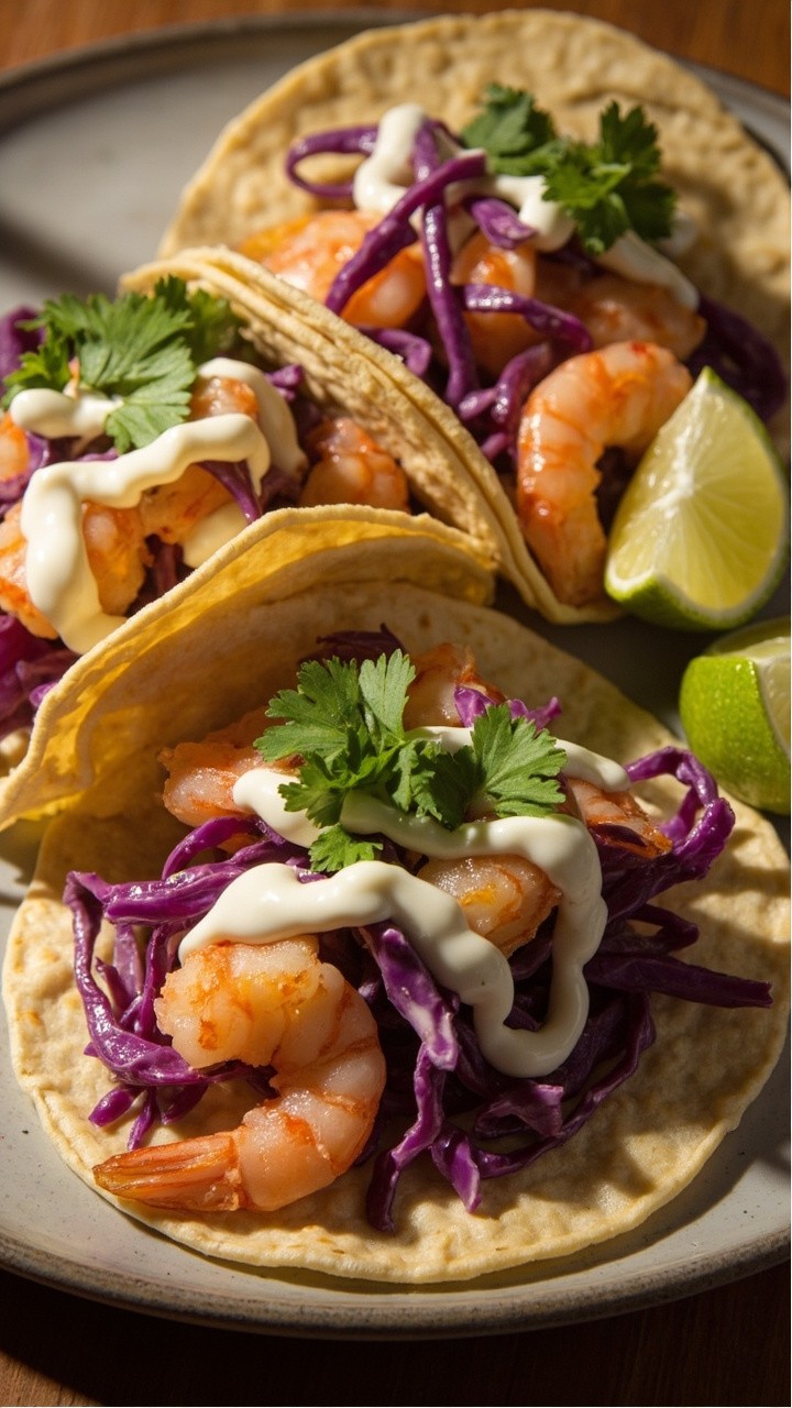 Three soft corn tortillas loaded with juicy pink shrimp, topped with finely shredded purple cabbage slaw and drizzled with a creamy white sauce. The tacos are garnished with chopped cilantro and a couple of lime wedges on the side, all served on a simple round ceramic plate. Three soft corn tortillas loaded with juicy pink shrimp, topped with finely shredded purple cabbage slaw and drizzled with a creamy white sauce. The tacos are garnished with chopped cilantro and a couple of lime wedges on the side, all served on a simple round ceramic plate.