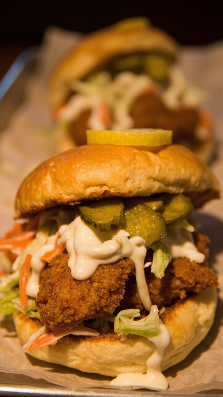 Two golden, panko-crusted fish fillets inside soft hamburger buns with a mound of creamy slaw spilling out. The sandwiches are garnished with pickle chips and a squeeze of lemon, served on a simple tray lined with parchment. Two golden, panko-crusted fish fillets inside soft hamburger buns with a mound of creamy slaw spilling out. The sandwiches are garnished with pickle chips and a squeeze of lemon, served on a simple tray lined with parchment.