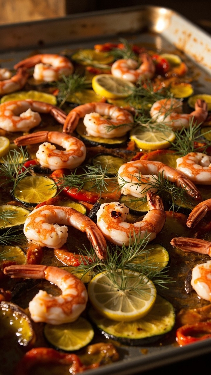 A rimmed baking sheet loaded with pink roasted shrimp, caramelized zucchini and bell pepper slices, scattered with fresh dill and lemon slices, all glistening with olive oil. A rimmed baking sheet loaded with pink roasted shrimp, caramelized zucchini and bell pepper slices, scattered with fresh dill and lemon slices, all glistening with olive oil.