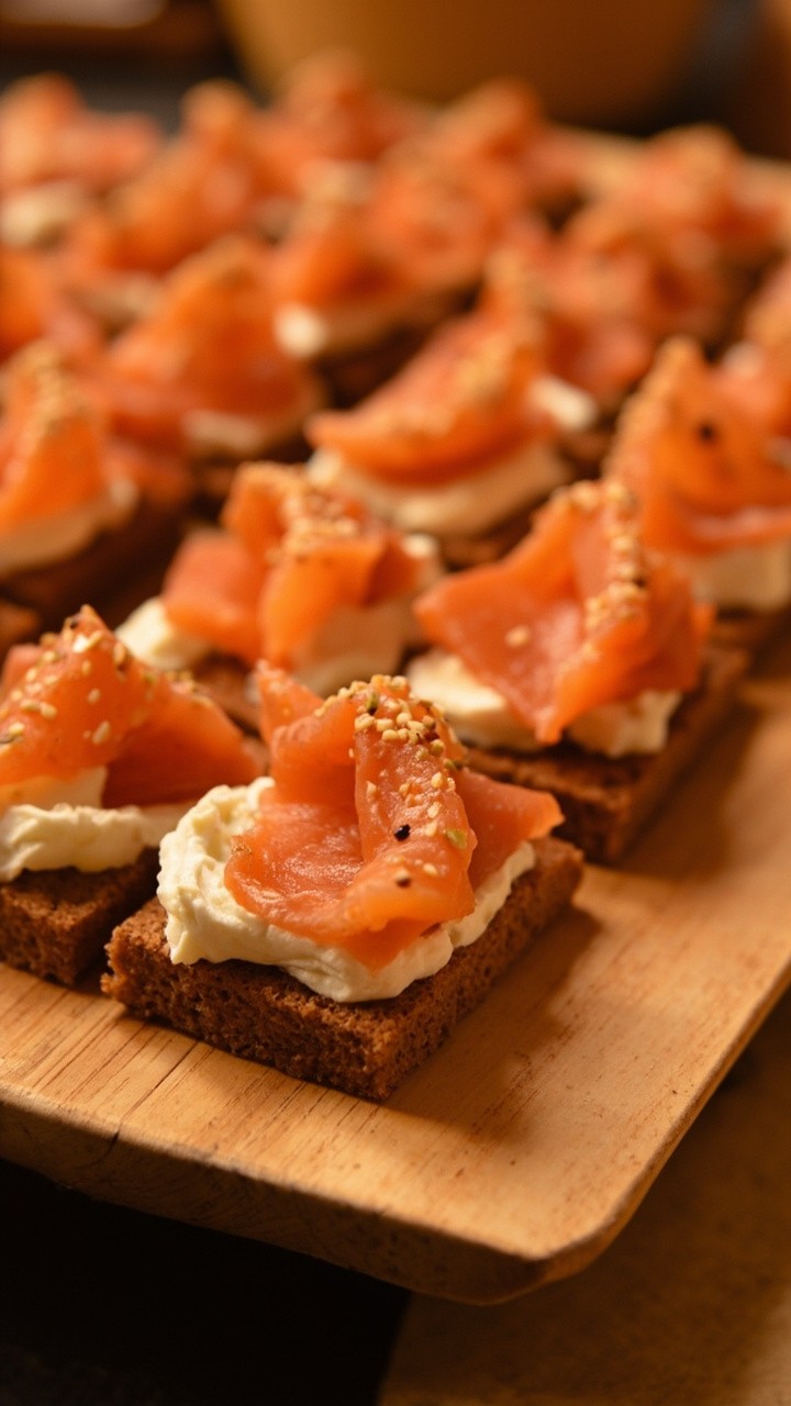 Small cubes of rye bread spread with cream cheese, topped with a square of gravlax and a sprinkle of everything bagel seasoning, lined up in neat rows on a wooden board. Small cubes of rye bread spread with cream cheese, topped with a square of gravlax and a sprinkle of everything bagel seasoning, lined up in neat rows on a wooden board.