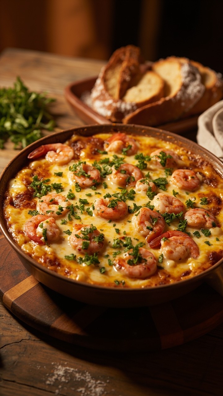 A round ceramic baking dish of golden, bubbling cheese with shrimp pieces peeking through, topped with chopped parsley, with toasted baguette rounds arranged next to it.