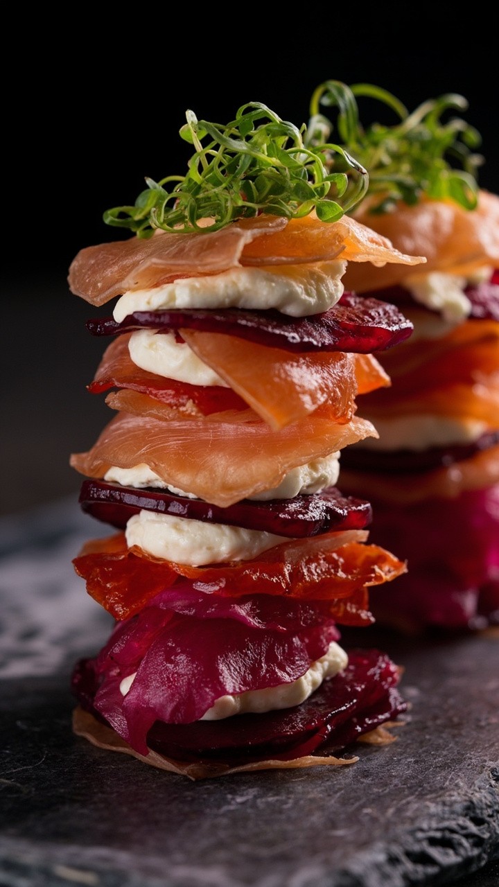 Round slices of cooked beet layered with slices of smoked salmon, creamy goat cheese between layers, stacked high and topped with microgreens, presented on a slate or marble serving plate. Round slices of cooked beet layered with slices of smoked salmon, creamy goat cheese between layers, stacked high and topped with microgreens, presented on a slate or marble serving plate.