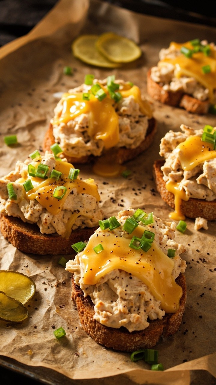 Crisp slices of rustic bread topped with creamy tuna salad and bubbling melted cheddar cheese, all garnished with sliced scallions and a sprinkle of black pepper. Served on a parchment-lined baking tray with a few dill pickle chips on the side. Crisp slices of rustic bread topped with creamy tuna salad and bubbling melted cheddar cheese, all garnished with sliced scallions and a sprinkle of black pepper. Served on a parchment-lined baking tray with a few dill pickle chips on the side.