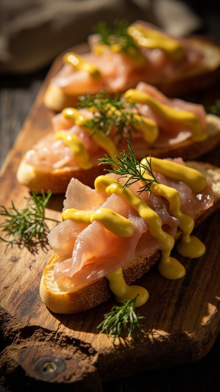 Toasted baguette slices topped with thin slices of gravlax, drizzled with creamy yellow mustard-dill sauce, and a scattering of fresh dill on a rustic platter. Toasted baguette slices topped with thin slices of gravlax, drizzled with creamy yellow mustard-dill sauce, and a scattering of fresh dill on a rustic platter.