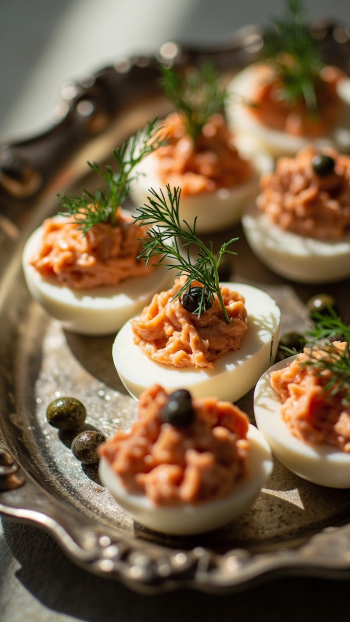 Halved hard-boiled eggs with a coral-hued, creamy smoked salmon filling, sprinkled with fresh dill and a few capers, arranged on a vintage platter. Halved hard-boiled eggs with a coral-hued, creamy smoked salmon filling, sprinkled with fresh dill and a few capers, arranged on a vintage platter.