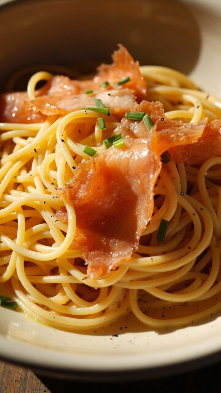 A glossy tangle of spaghetti with a golden-hued creamy sauce, ribbons of smoked salmon draped on top, finished with chopped chives and a dusting of cracked black pepper. Served in a simple, wide-rimmed bowl. A glossy tangle of spaghetti with a golden-hued creamy sauce, ribbons of smoked salmon draped on top, finished with chopped chives and a dusting of cracked black pepper. Served in a simple, wide-rimmed bowl.