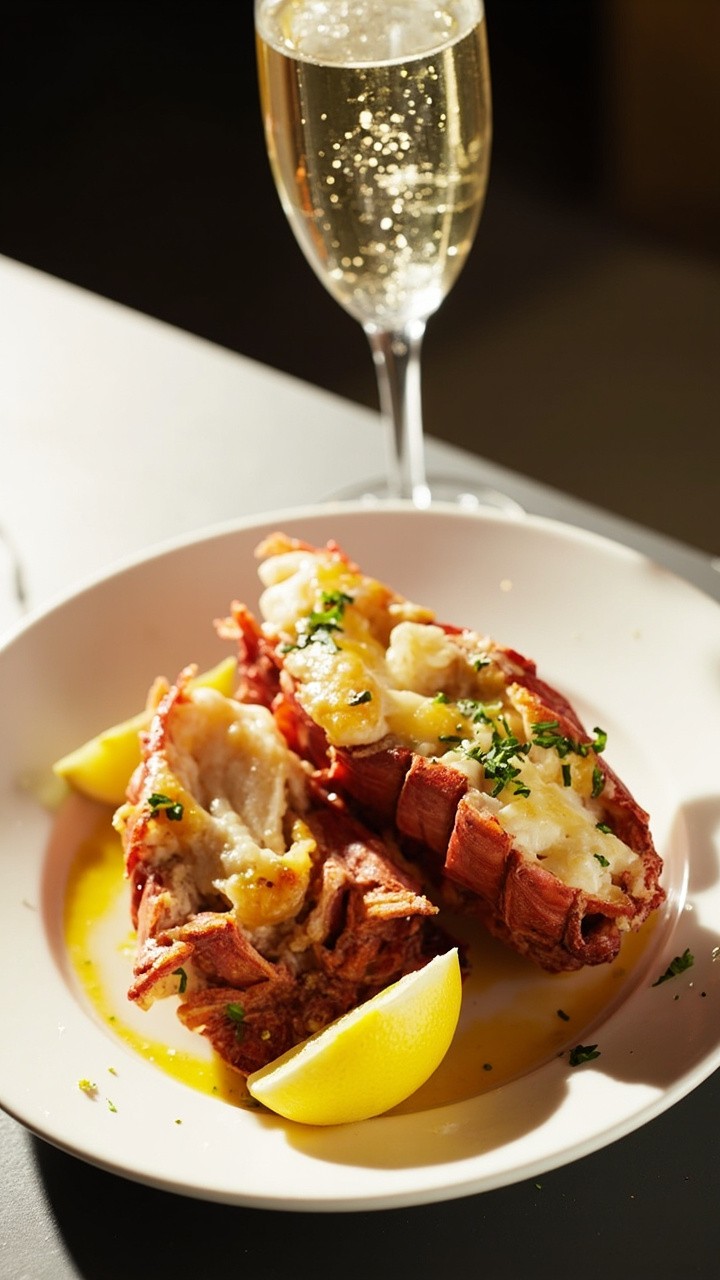 Two split lobster tails on a white ceramic platter, glistening with butter and flecks of fresh parsley, with lemon wedges at the corners and a coupe glass filled with bubbly beside the plate. Two split lobster tails on a white ceramic platter, glistening with butter and flecks of fresh parsley, with lemon wedges at the corners and a coupe glass filled with bubbly beside the plate.