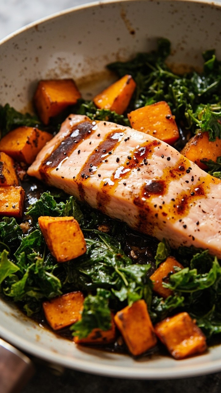 Chunks of roasted sweet potato and wilted kale with wedges of pink salmon, dusted with black pepper. Served in a light gray skillet, a drizzle of olive oil and balsamic rounds it out. Chunks of roasted sweet potato and wilted kale with wedges of pink salmon, dusted with black pepper. Served in a light gray skillet, a drizzle of olive oil and balsamic rounds it out.