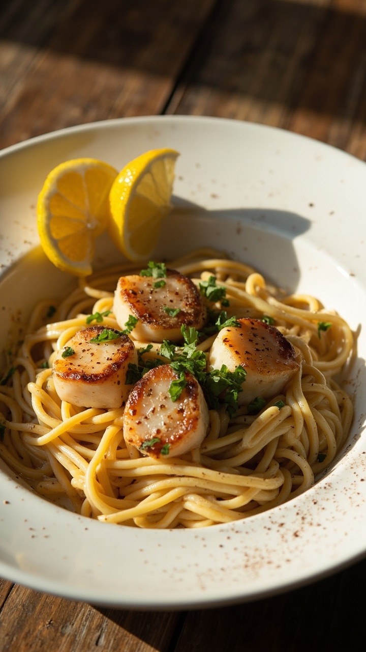 A shallow white pasta bowl holding a tangle of linguine glistening with golden garlic butter, topped with seared, caramelized scallops and a scatter of chopped parsley. Lemon wedges sit on the edge of the bowl and a sprinkle of cracked black pepper adds a final touch. A shallow white pasta bowl holding a tangle of linguine glistening with golden garlic butter, topped with seared, caramelized scallops and a scatter of chopped parsley. Lemon wedges sit on the edge of the bowl and a sprinkle of cracked black pepper adds a final touch.
