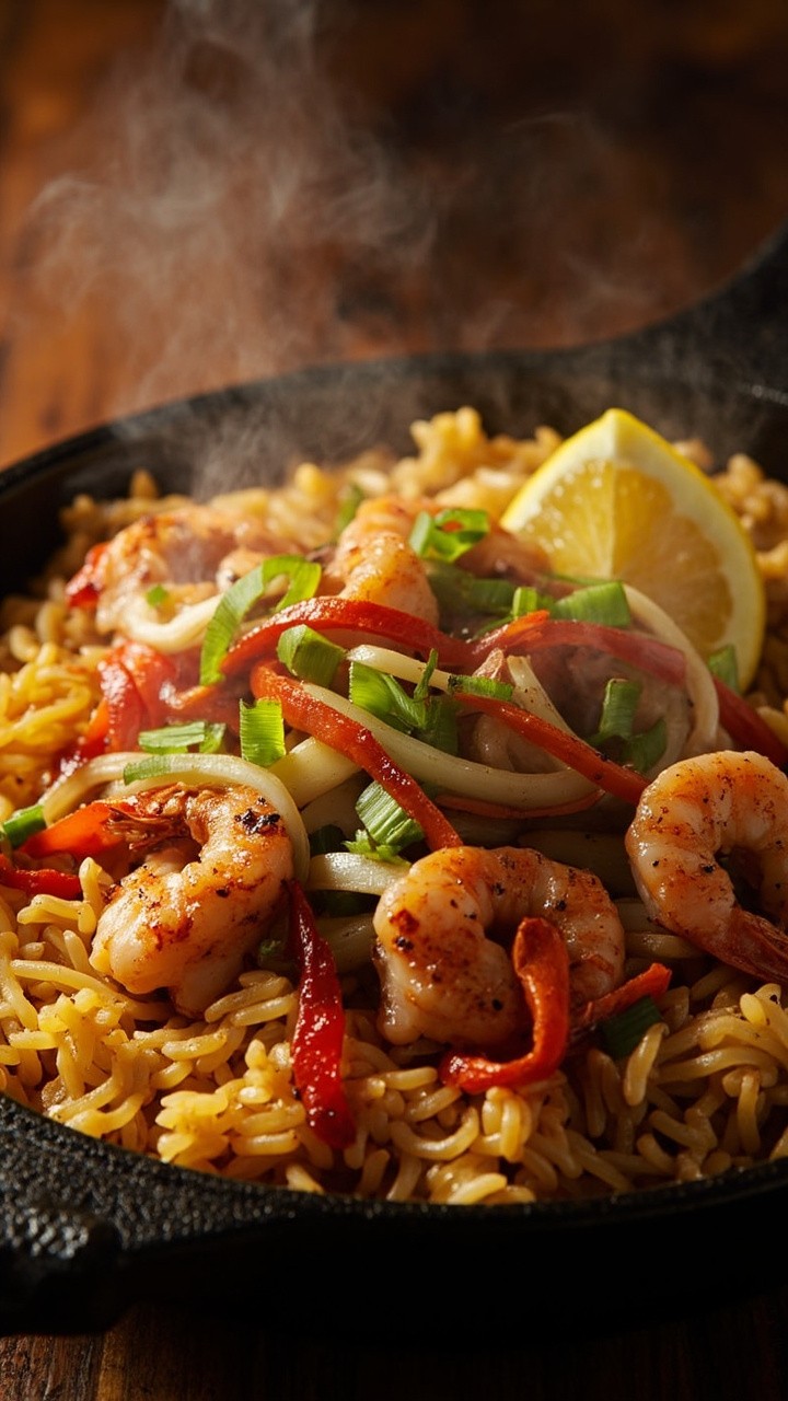 A cast iron skillet filled with golden fluffy rice, deep pink Cajun-spiced shrimp, and colorful strips of sautéed red and green bell peppers, all topped with sliced green onions. Steam rises from the dish, and a wedge of lemon sits on the skillet edge. A cast iron skillet filled with golden fluffy rice, deep pink Cajun-spiced shrimp, and colorful strips of sautéed red and green bell peppers, all topped with sliced green onions. Steam rises from the dish, and a wedge of lemon sits on the skillet edge.