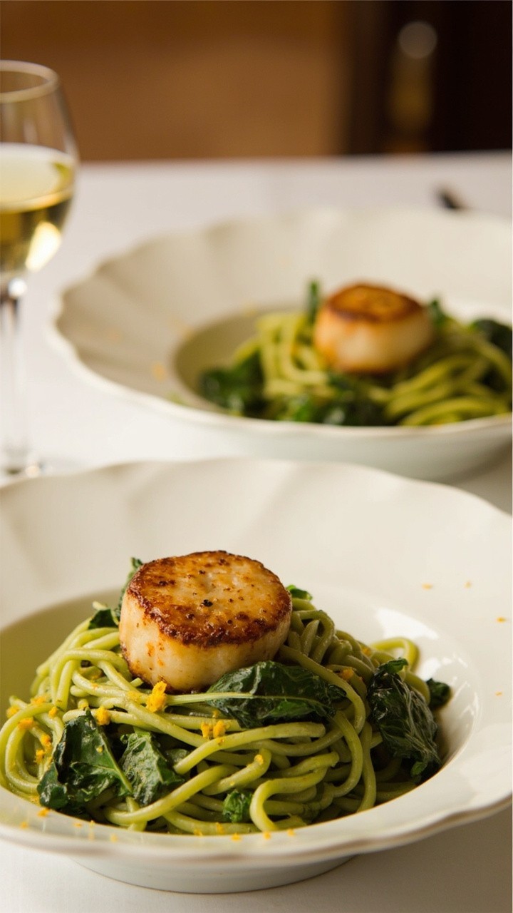 Wide pasta bowls filled with creamy green-tinted spaghetti, perfectly seared golden scallops arranged on top, baby spinach leaves wilted into the sauce, and a sprinkle of lemon zest over the dish. A small glass of white wine sits beside the bowl. Wide pasta bowls filled with creamy green-tinted spaghetti, perfectly seared golden scallops arranged on top, baby spinach leaves wilted into the sauce, and a sprinkle of lemon zest over the dish. A small glass of white wine sits beside the bowl.