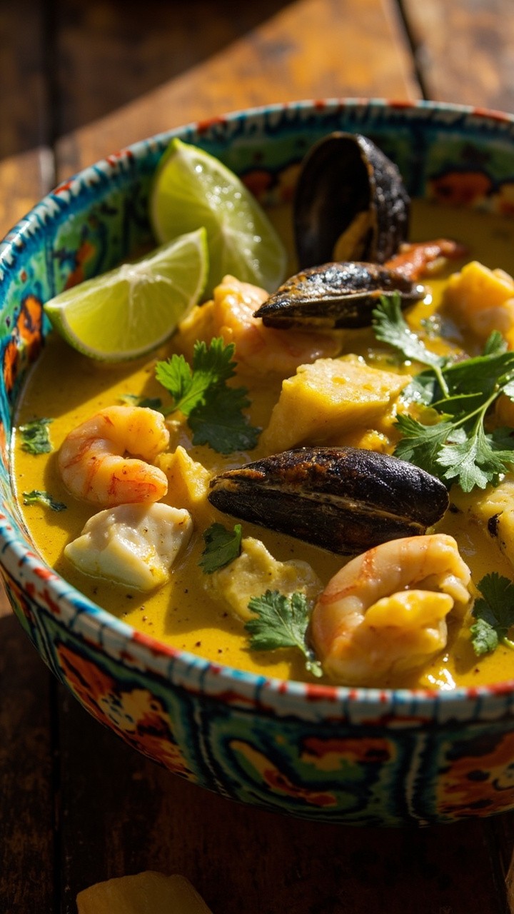 Colorful ceramic bowl filled with chunks of white fish, shrimp, and mussels in a rich golden coconut curry broth, topped with cilantro and lime wedges. Colorful ceramic bowl filled with chunks of white fish, shrimp, and mussels in a rich golden coconut curry broth, topped with cilantro and lime wedges.