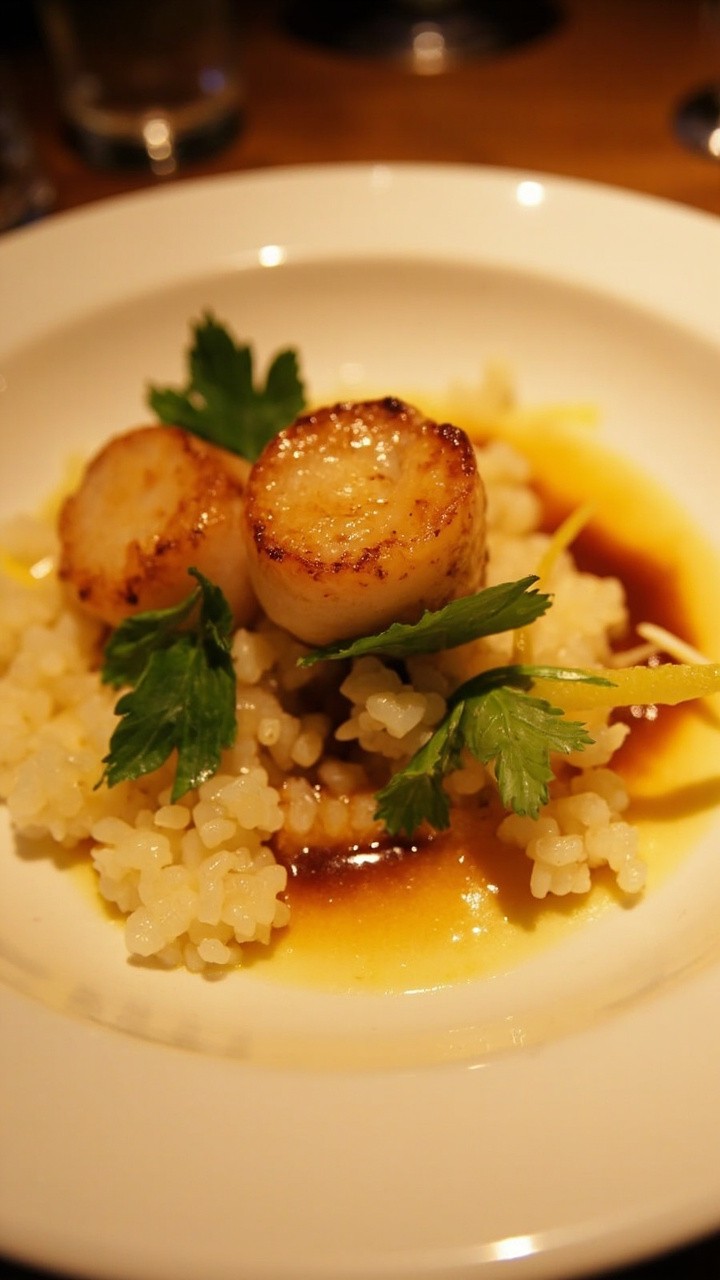 Pan-seared scallops nestled atop fluffy pearl couscous, dotted with parsley and shards of lemon zest, served on a wide shallow white bowl with a swirl of browned butter. Pan-seared scallops nestled atop fluffy pearl couscous, dotted with parsley and shards of lemon zest, served on a wide shallow white bowl with a swirl of browned butter.