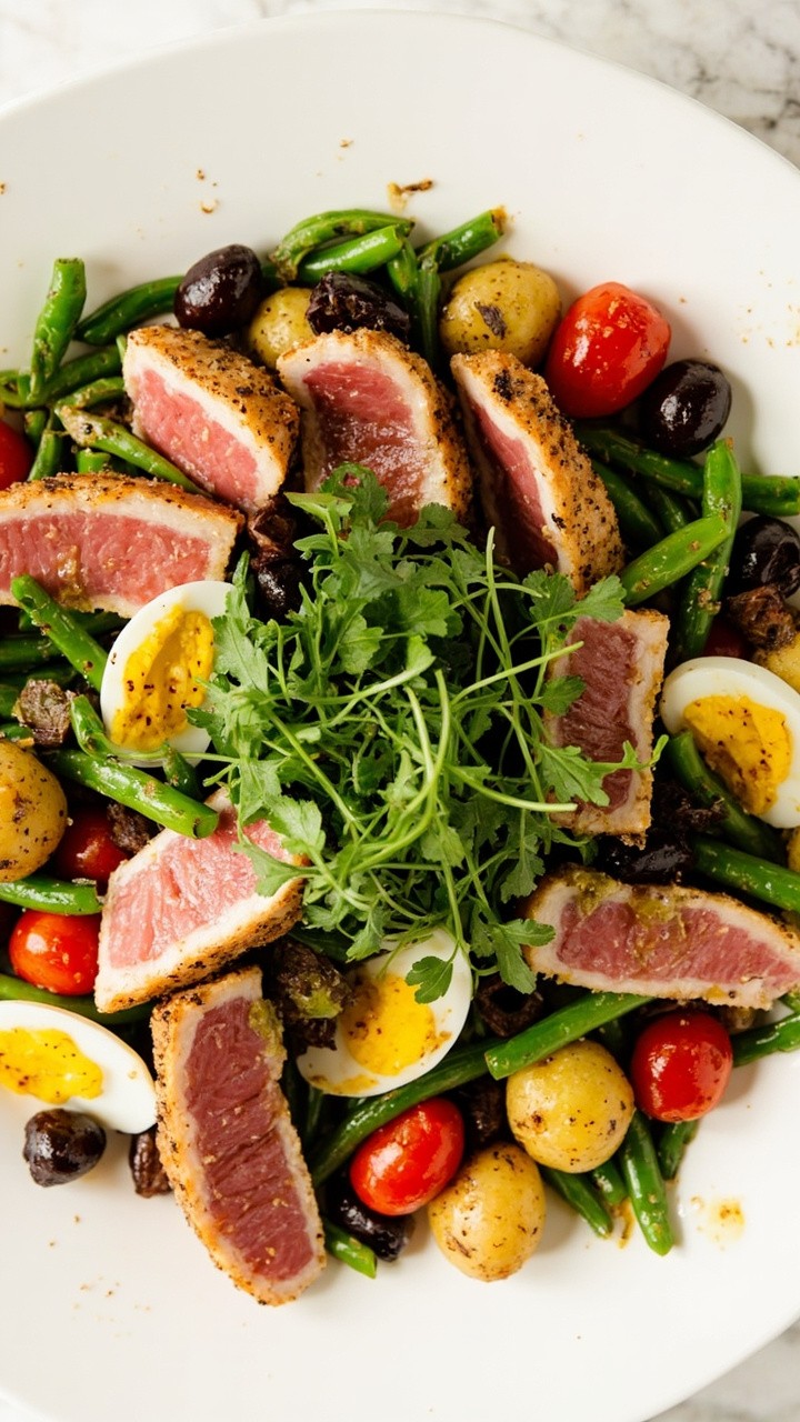 A large white plate divided with wedges of seared pink tuna, small boiled potatoes, green beans, halved cherry tomatoes, hard-boiled egg halves, and pitted olives. A handful of arugula and a drizzle of vinaigrette finish the look. A large white plate divided with wedges of seared pink tuna, small boiled potatoes, green beans, halved cherry tomatoes, hard-boiled egg halves, and pitted olives. A handful of arugula and a drizzle of vinaigrette finish the look.