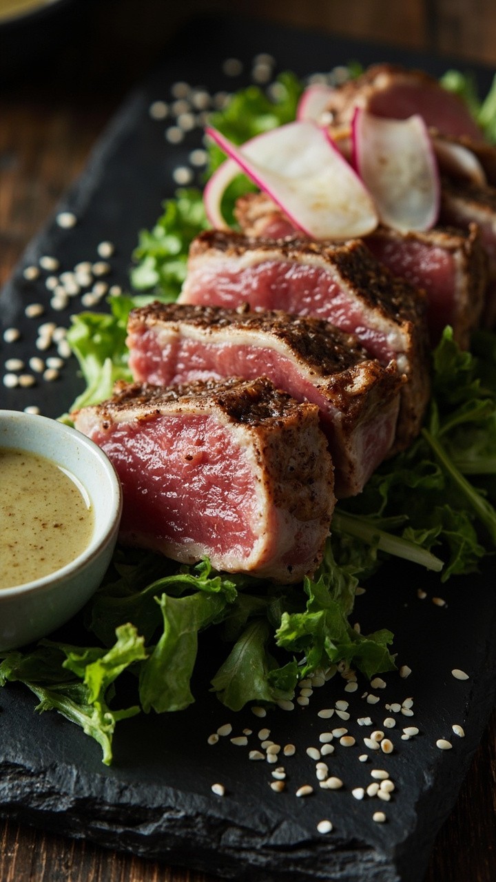 Sliced, medium-rare ahi tuna lined up over baby greens on a slate board, with a small bowl of pale wasabi-soy sauce and a scatter of white sesame seeds and thin-sliced radish. Sliced, medium-rare ahi tuna lined up over baby greens on a slate board, with a small bowl of pale wasabi-soy sauce and a scatter of white sesame seeds and thin-sliced radish.