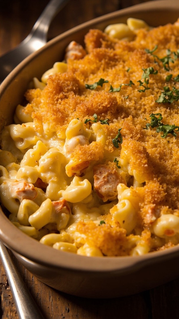 Golden baked macaroni and cheese in a casserole dish, chunky pieces of king crab throughout, crispy breadcrumb topping, and a little parsley scattered over. A spatula rests on the side. Golden baked macaroni and cheese in a casserole dish, chunky pieces of king crab throughout, crispy breadcrumb topping, and a little parsley scattered over. A spatula rests on the side.