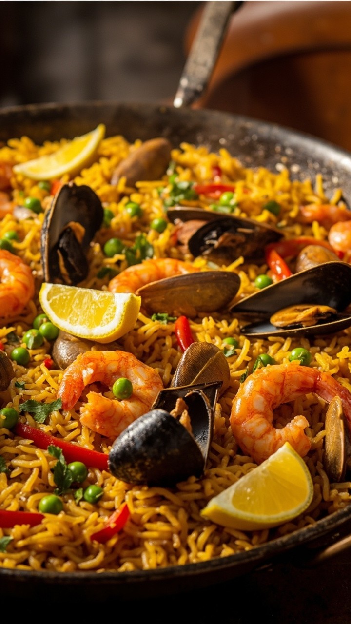 A wide, shallow paella pan overflowing with golden saffron rice, studded with mussels, shrimp, and clams, flecked with red bell peppers and peas, finished with lemon wedges and parsley. A wide, shallow paella pan overflowing with golden saffron rice, studded with mussels, shrimp, and clams, flecked with red bell peppers and peas, finished with lemon wedges and parsley.
