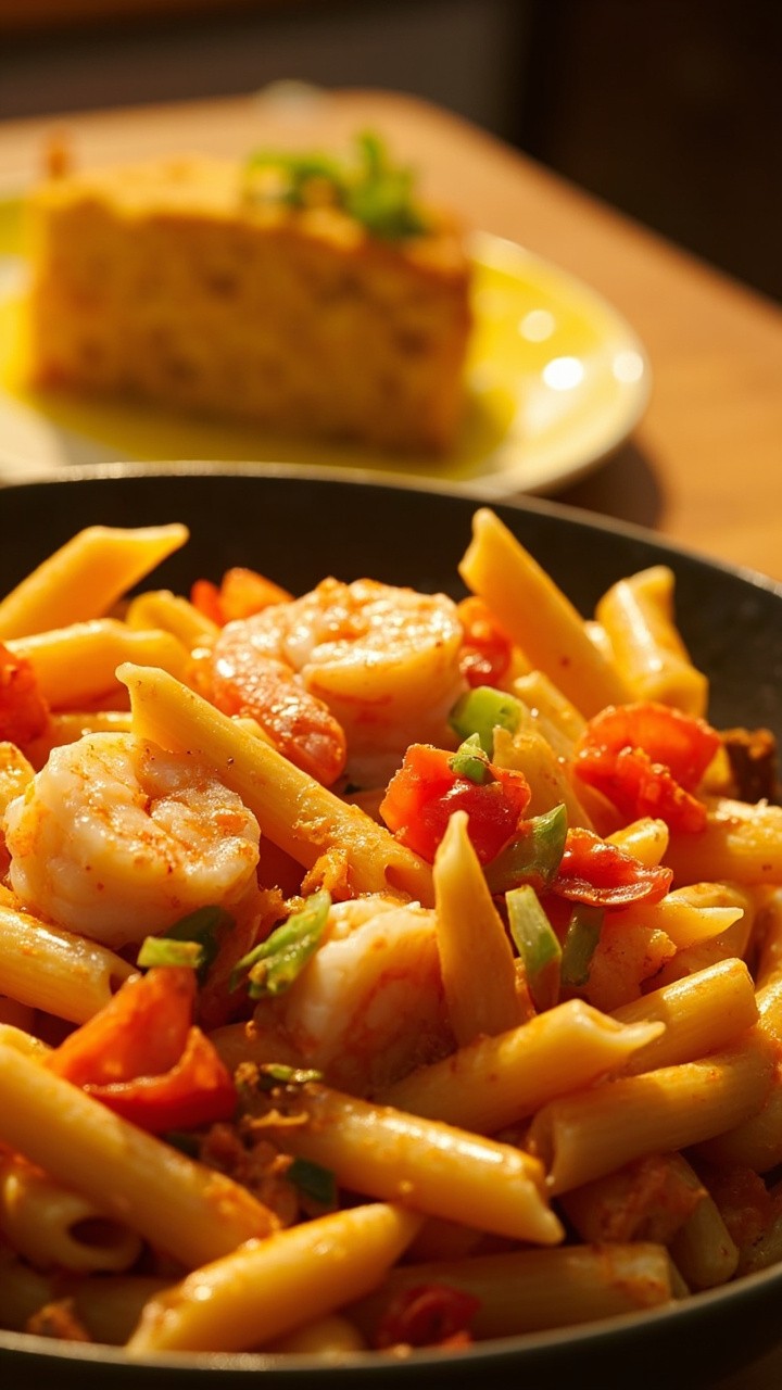 A vibrant bowl of penne pasta tossed in orange-tinted creamy sauce, studded with shrimp, scallops, and diced bell peppers, all sprinkled with chopped scallions. A wedge of cornbread sits alongside. A vibrant bowl of penne pasta tossed in orange-tinted creamy sauce, studded with shrimp, scallops, and diced bell peppers, all sprinkled with chopped scallions. A wedge of cornbread sits alongside.
