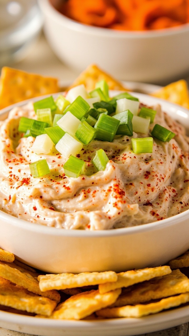 A creamy dip flecked with reddish Cajun seasoning and chunks of shrimp, served in a white shallow bowl, topped with sliced green onions, and surrounded by crunchy crackers.