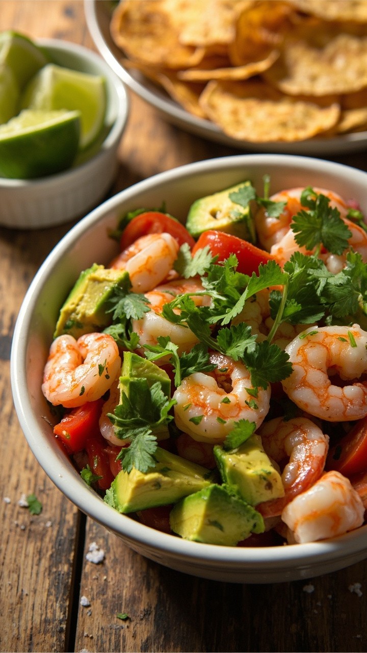 A shallow white bowl showing off green avocado chunks, pink shrimp, bits of tomato, and chopped cilantro, with lime wedges and tortilla chips on the side.