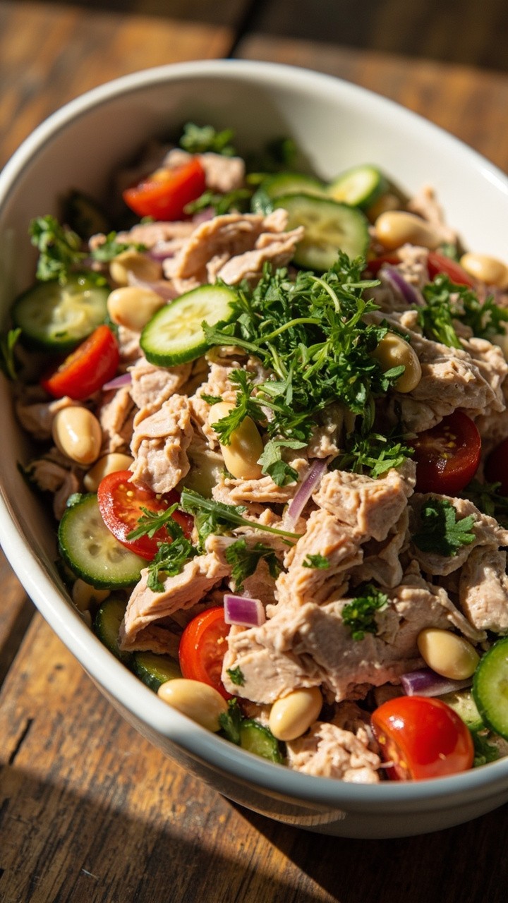 A large white shallow salad bowl filled with a mix of tuna flakes, white beans, halved cherry tomatoes, thinly sliced red onion and cucumber, all tossed with bright green herbs and a light lemon vinaigrette. A large white shallow salad bowl filled with a mix of tuna flakes, white beans, halved cherry tomatoes, thinly sliced red onion and cucumber, all tossed with bright green herbs and a light lemon vinaigrette.