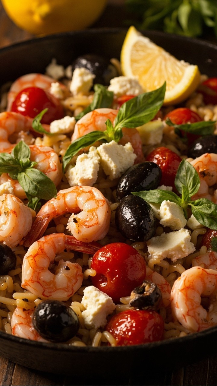 A shallow enamel skillet showing plump shrimp, bright red roasted tomatoes, pearl-like orzo, and big olives all tossed together. Crumbles of feta and torn fresh basil scatter across the top, and a wedge of lemon sits on the rim. A shallow enamel skillet showing plump shrimp, bright red roasted tomatoes, pearl-like orzo, and big olives all tossed together. Crumbles of feta and torn fresh basil scatter across the top, and a wedge of lemon sits on the rim.
