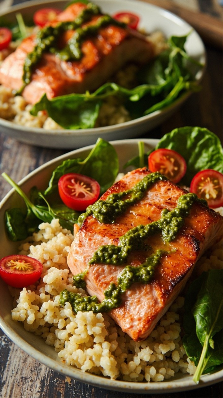 Large shallow bowls filled with fluffy couscous, topped with seared salmon fillets sliced into bite-sized pieces. Drizzles of vibrant green pesto run across the salmon, and the bowls are finished with halved cherry tomatoes and fresh baby spinach leaves. Large shallow bowls filled with fluffy couscous, topped with seared salmon fillets sliced into bite-sized pieces. Drizzles of vibrant green pesto run across the salmon, and the bowls are finished with halved cherry tomatoes and fresh baby spinach leaves.