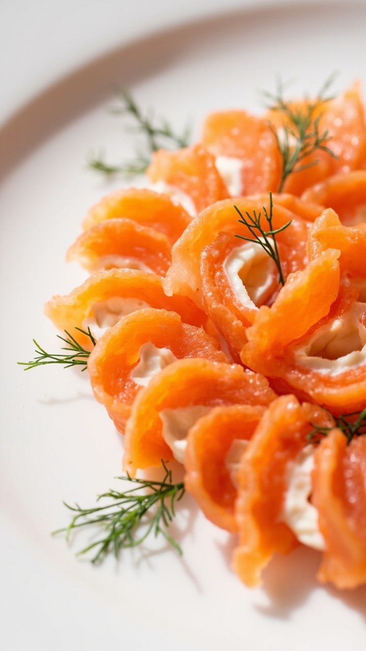 Slim spirals of smoked salmon rolled around creamy white horseradish filling, sliced into pinwheels and spaced on a white plate with a few fresh dill fronds. Slim spirals of smoked salmon rolled around creamy white horseradish filling, sliced into pinwheels and spaced on a white plate with a few fresh dill fronds.