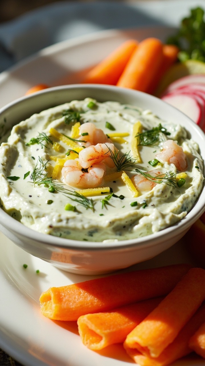 A wide, flat bowl with pale green-white dip studded with flecks of dill, chives, pink shrimp, and lemon zest curls, placed on a white platter with radish and carrot slices nearby.