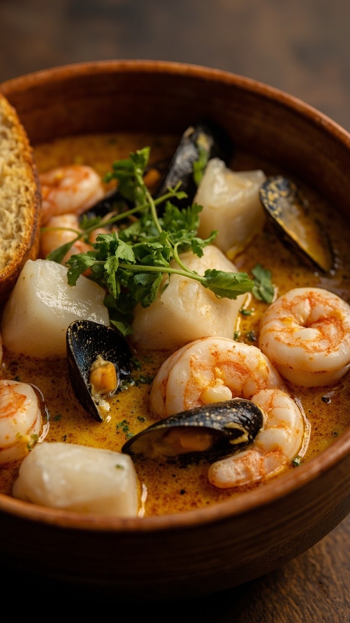 A deep ceramic bowl filled with golden broth, brimming with chunks of white fish, large shrimp, mussels, and slices of baguette, sprinkled with parsley. A deep ceramic bowl filled with golden broth, brimming with chunks of white fish, large shrimp, mussels, and slices of baguette, sprinkled with parsley.