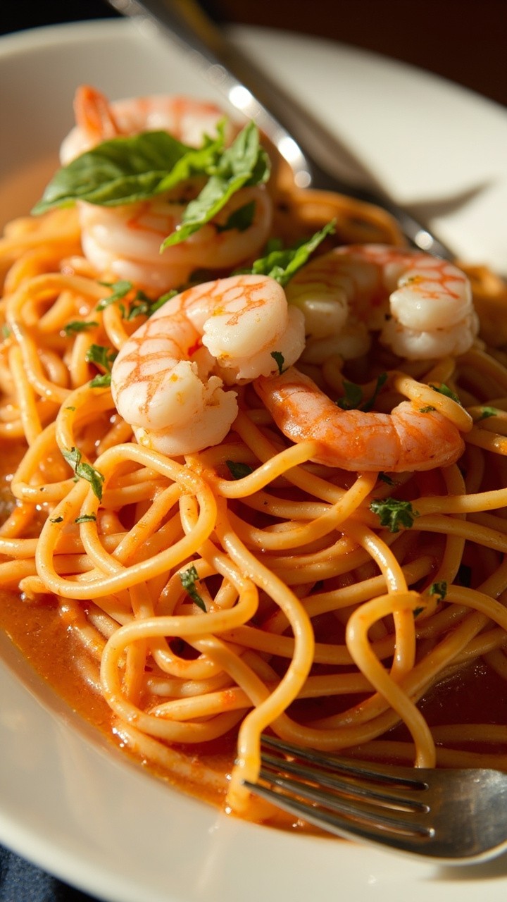 Twisted piles of spaghetti drowned in sunset-orange sauce, plump shrimp on top, sprinkled with chopped basil and a drizzle of olive oil. Served on a white plate with a fork at the ready. Twisted piles of spaghetti drowned in sunset-orange sauce, plump shrimp on top, sprinkled with chopped basil and a drizzle of olive oil. Served on a white plate with a fork at the ready.