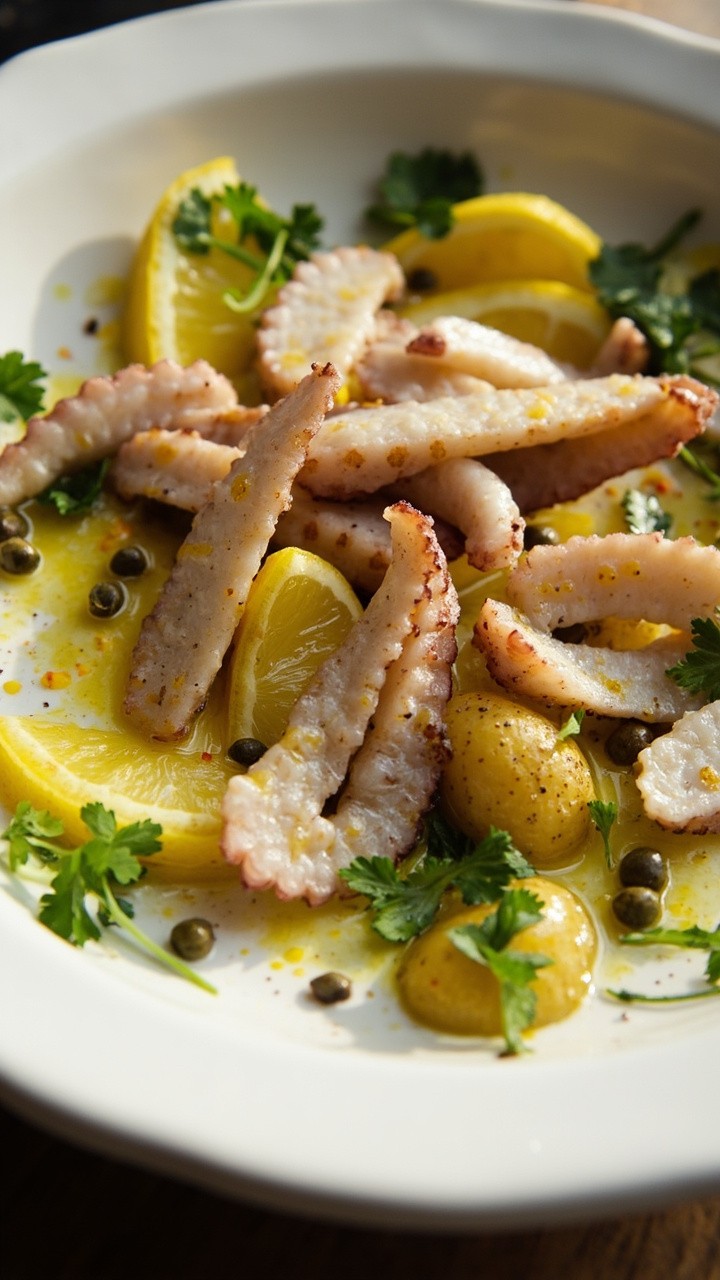 A white stoneware bowl filled with slices of tender octopus, baby potatoes halved, tossed with olive oil, lemon, parsley, and a sprinkle of capers; served at room temperature. A white stoneware bowl filled with slices of tender octopus, baby potatoes halved, tossed with olive oil, lemon, parsley, and a sprinkle of capers; served at room temperature.