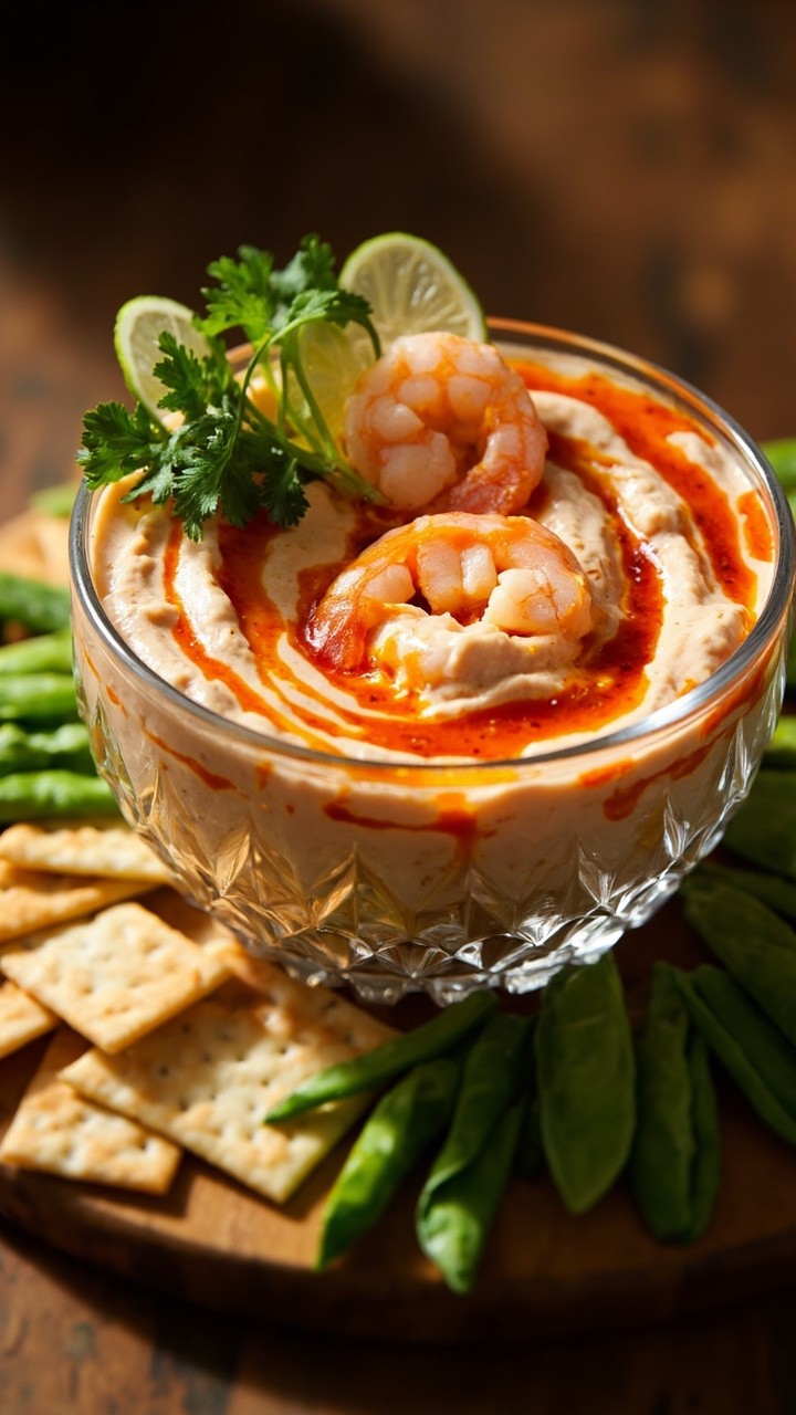 A clear glass bowl showing off creamy dip with swirls of orange-red sweet chili sauce and shrimp bits, garnished with cilantro and lime, surrounded by snap peas and rice crackers on a round board.