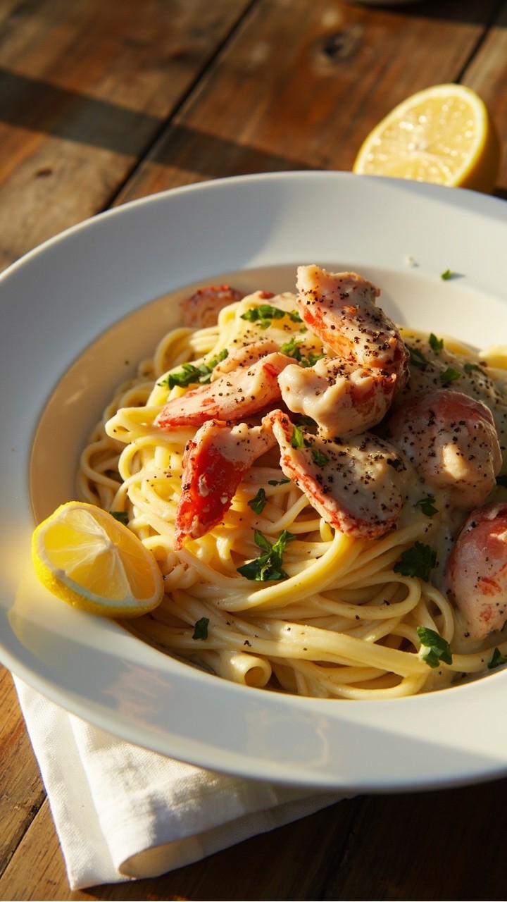 A shallow white bowl filled with creamy fettuccine, large pink lobster chunks nestled on top, dusted with black pepper and chopped parsley. A wedge of lemon sits to the side. The bowl rests on a rustic wooden table with a linen napkin. A shallow white bowl filled with creamy fettuccine, large pink lobster chunks nestled on top, dusted with black pepper and chopped parsley. A wedge of lemon sits to the side. The bowl rests on a rustic wooden table with a linen napkin.