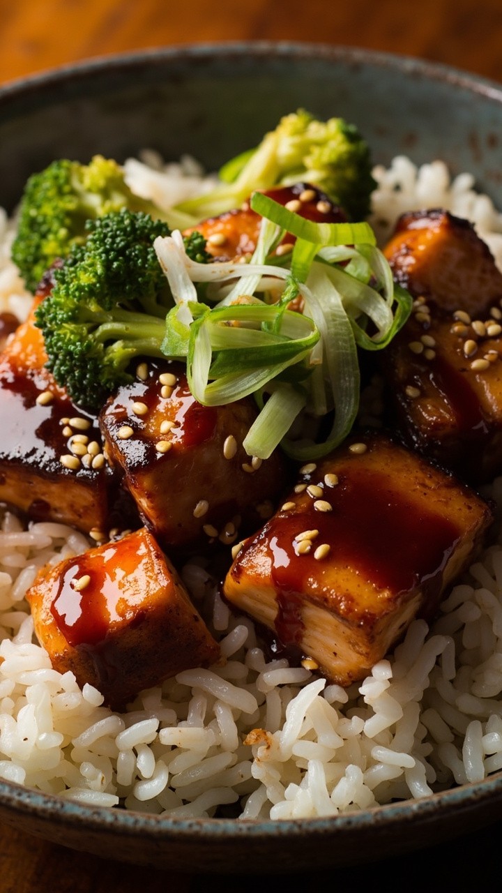 A wide bowl packed with sticky white rice, topped with thick chunks of dark-glazed teriyaki salmon, bright green steamed broccoli, and a scattering of thinly sliced scallions. A sprinkle of sesame seeds sits on top and a little extra teriyaki drizzles down. A wide bowl packed with sticky white rice, topped with thick chunks of dark-glazed teriyaki salmon, bright green steamed broccoli, and a scattering of thinly sliced scallions. A sprinkle of sesame seeds sits on top and a little extra teriyaki drizzles down.