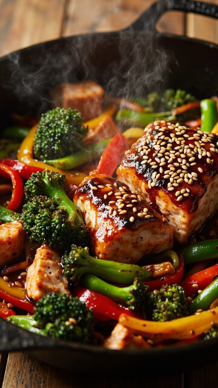 Chunks of glazed teriyaki salmon mixed with bright broccoli florets, snap peas, and bell pepper slices. The glossy stir-fry is served in a cast iron skillet, sesame seeds sprinkled on top. Chunks of glazed teriyaki salmon mixed with bright broccoli florets, snap peas, and bell pepper slices. The glossy stir-fry is served in a cast iron skillet, sesame seeds sprinkled on top.