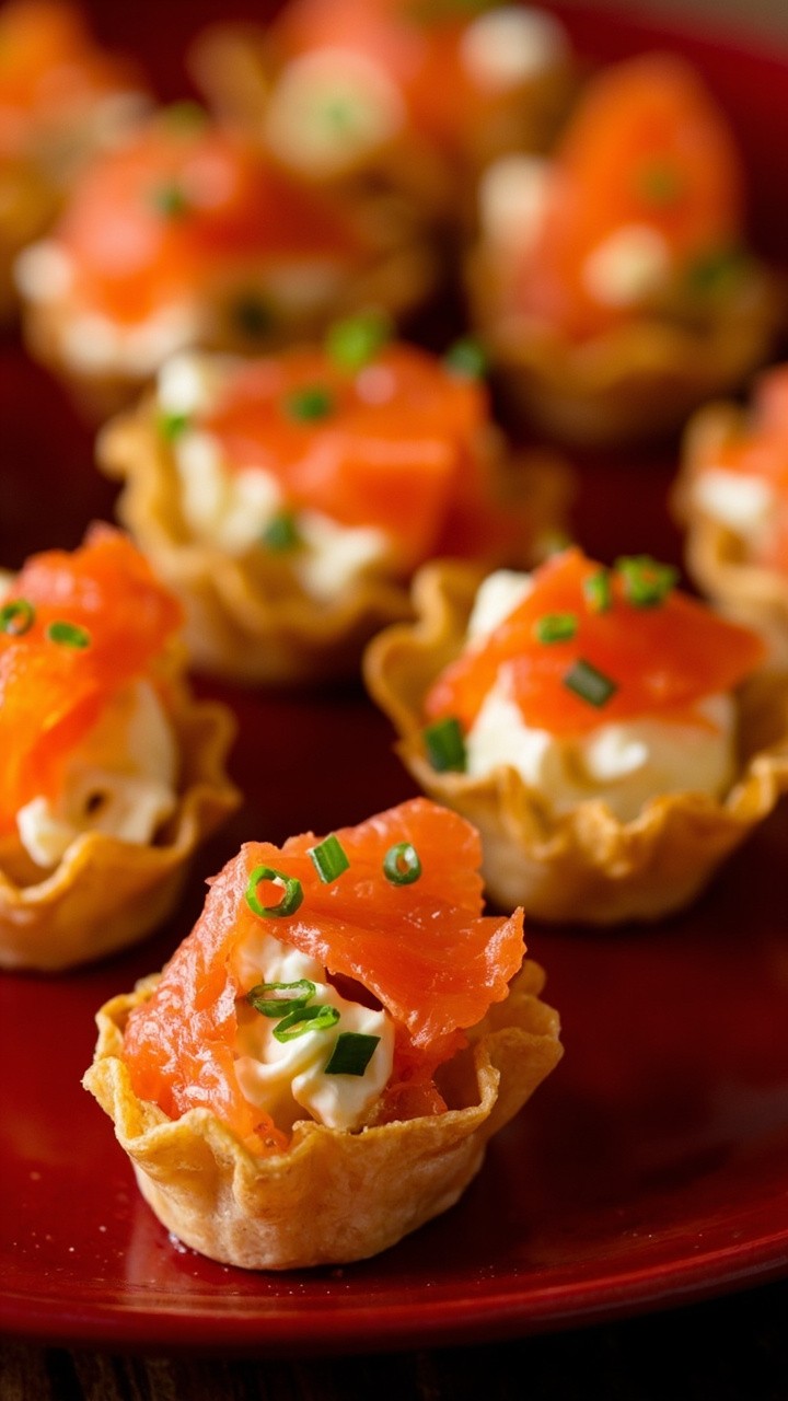 Crispy phyllo pastry shells filled with creamy goat cheese and topped with flaked salmon, scattered with chives, on a festive red plate. Crispy phyllo pastry shells filled with creamy goat cheese and topped with flaked salmon, scattered with chives, on a festive red plate.