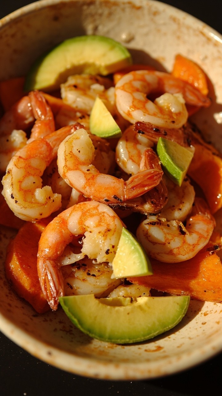 A bowl with thin slices of roasted orange sweet potato, garlic shrimp scattered on top, finished with sliced avocado and a lime wedge. A bowl with thin slices of roasted orange sweet potato, garlic shrimp scattered on top, finished with sliced avocado and a lime wedge.