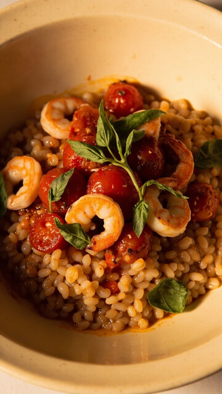 A cream-colored bowl filled with pearl barley, a scoop of roasted cherry tomatoes glistening, plump garlic shrimp nestled on top, and fresh basil leaves. A cream-colored bowl filled with pearl barley, a scoop of roasted cherry tomatoes glistening, plump garlic shrimp nestled on top, and fresh basil leaves.