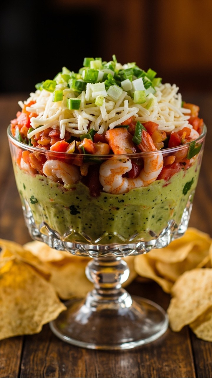 A glass trifle bowl showing colorful layered dip: guacamole on the bottom, pink shrimp in the center, red salsa, shredded cheese, and diced green onions, surrounded by tortilla chips.